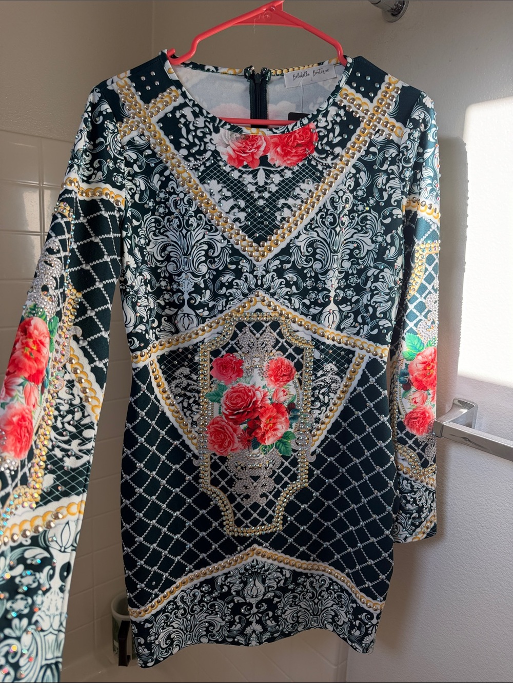 Floral & Gold, Green Accent Long Sleeve Dress